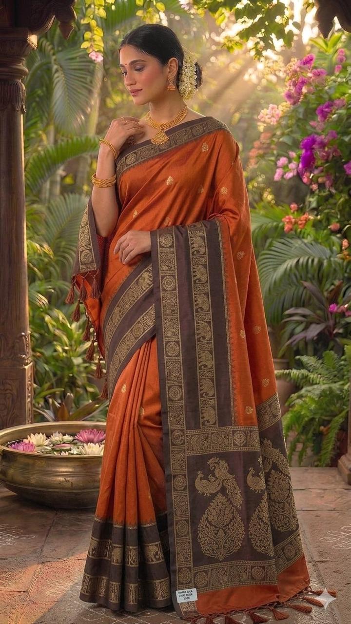 Rust Orange Semi Silk Saree with Contrast Border